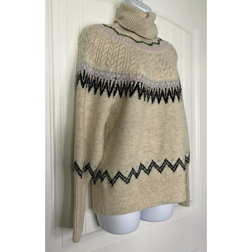 A New Day Womens Sz M Ivory Long Sleeve Turtle Neck Aztec Crochet Fuzzy Sweater - Picture 2 of 10